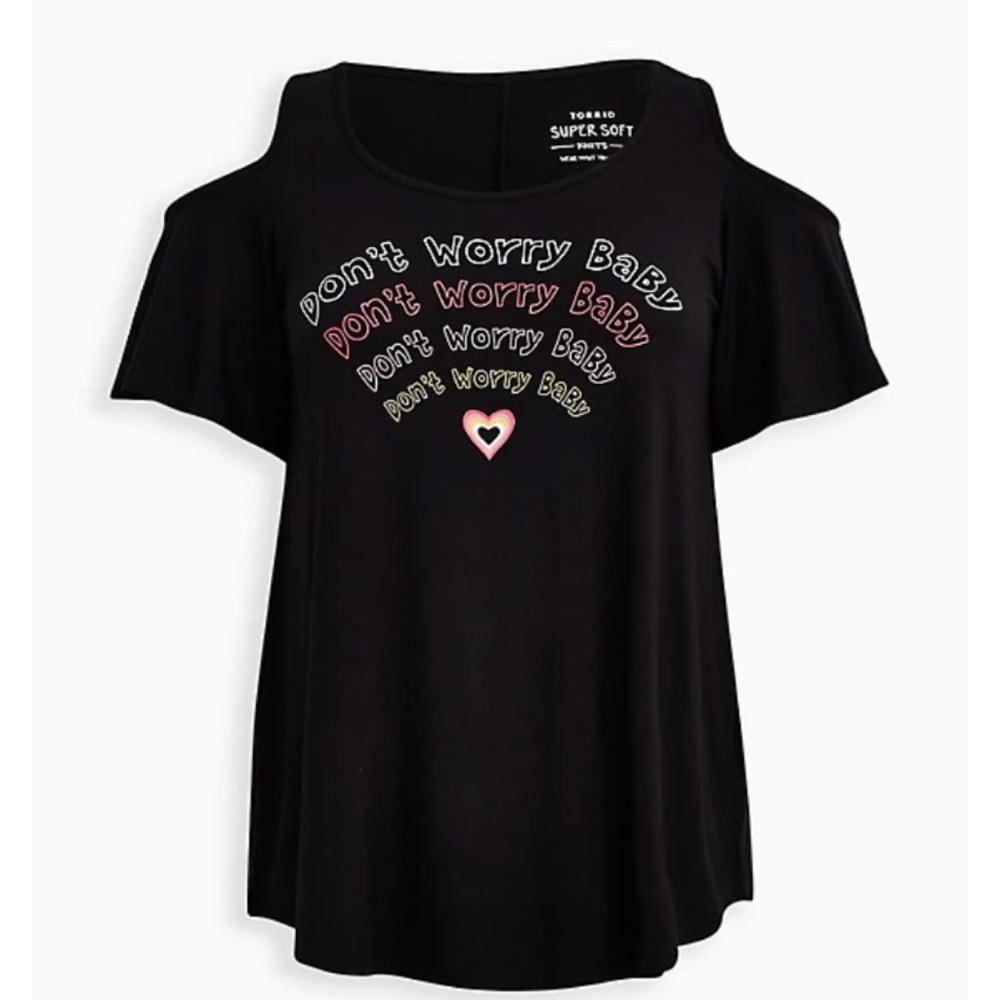 NEW Torrid 5 Super Soft Don’t Worry Black Cold Shoulder Tee